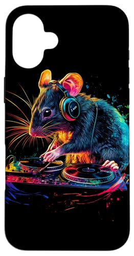 Hülle für iPhone 16 Plus Künstlerisch Bunt Ratte DJ Turntables Kopfhörer Maus von Coole Bunte Künstlerische Nagetier DJ Motive