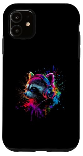 Hülle für iPhone 11 Künstlerisch Bunt Waschbär Kopfhörer Wildtiere von Coole Bunte Künstlerische Waschbär Tier Motive