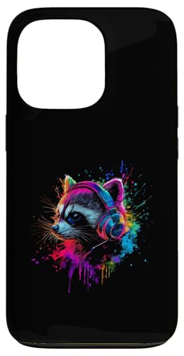 Hülle für iPhone 13 Pro Künstlerisch Bunt Waschbär Kopfhörer Wildtiere von Coole Bunte Künstlerische Waschbär Tier Motive