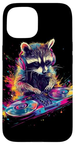 Hülle für iPhone 15 Künstlerisch Bunt Waschbär DJ Turntables Kopfhörer Wildtiere von Coole Bunte Künstlerische Waschbär Tier Motive