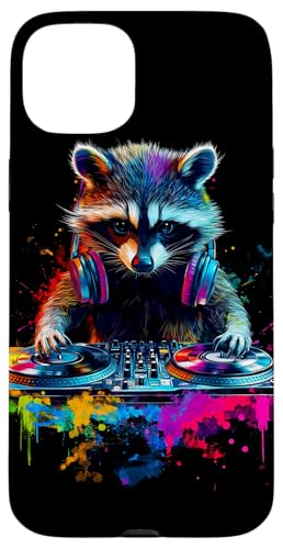 Hülle für iPhone 15 Plus Künstlerisch Bunt Waschbär DJ Turntables Kopfhörer Wildtiere von Coole Bunte Künstlerische Waschbär Tier Motive