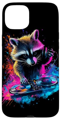 Hülle für iPhone 15 Plus Künstlerisch Bunt Waschbär DJ Turntables Kopfhörer Wildtiere von Coole Bunte Künstlerische Waschbär Tier Motive