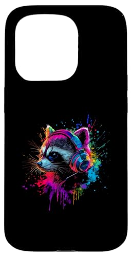 Hülle für iPhone 15 Pro Künstlerisch Bunt Waschbär Kopfhörer Wildtiere von Coole Bunte Künstlerische Waschbär Tier Motive