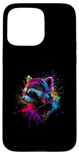 Hülle für iPhone 15 Pro Max Künstlerisch Bunt Waschbär Kopfhörer Wildtiere von Coole Bunte Künstlerische Waschbär Tier Motive