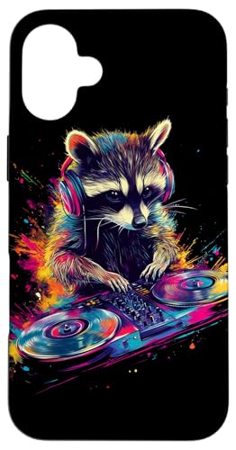 Hülle für iPhone 16 Plus Künstlerisch Bunt Waschbär DJ Turntables Kopfhörer Wildtiere von Coole Bunte Künstlerische Waschbär Tier Motive