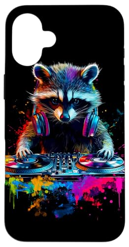 Hülle für iPhone 16 Plus Künstlerisch Bunt Waschbär DJ Turntables Kopfhörer Wildtiere von Coole Bunte Künstlerische Waschbär Tier Motive