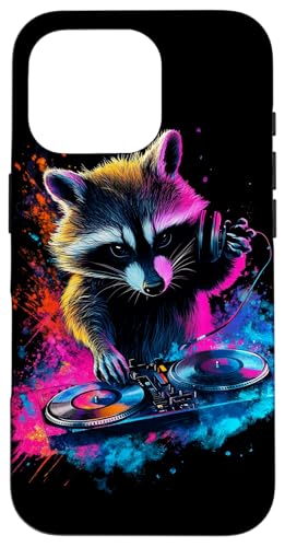 Hülle für iPhone 16 Pro Künstlerisch Bunt Waschbär DJ Turntables Kopfhörer Wildtiere von Coole Bunte Künstlerische Waschbär Tier Motive