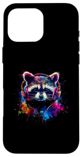 Hülle für iPhone 16 Pro Max Künstlerisch Bunt Waschbär Kopfhörer Wildtiere von Coole Bunte Künstlerische Waschbär Tier Motive