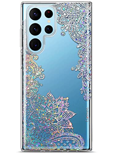 Coolwee Durchsichtiger Glitzer für Galaxy S22 Ultra Hülle Dünne Blume Dünne Süß Kristall Spitze Bling Frauen Mädchen Floral Kunststoff Harte Rückseite Soft TPU Bumper Schutzhülle für Samsung Galaxy von Coolwee