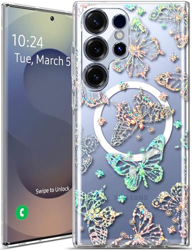 Coolwee Magnetische Schutzhülle für Samsung Galaxy S25 Ultra, kompatibel mit MagSafe, niedlich für Frauen und Mädchen, 3 m, militärische Qualität, Schutzhülle für Galaxy S25 Ultra, Glitzer, Klar Bling von Coolwee