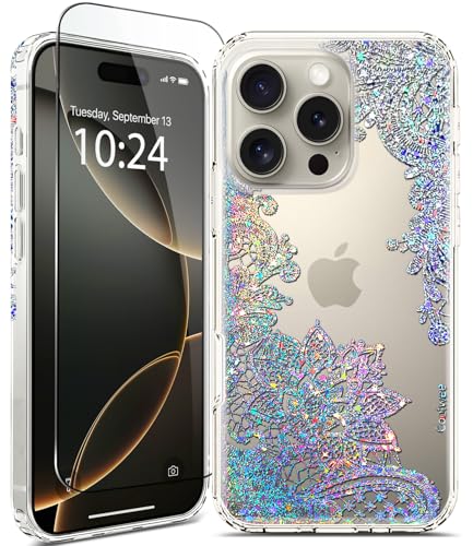 Coolwee Schutzhülle für iPhone 16 Pro, mit Displayschutzfolie, niedlich, für Frauen und Mädchen, 1,8 m, militärische Qualität, Schutzhülle für iPhone 16 Pro, Glitzer, Kristall, Spitze, Bling, Mandala, von Coolwee