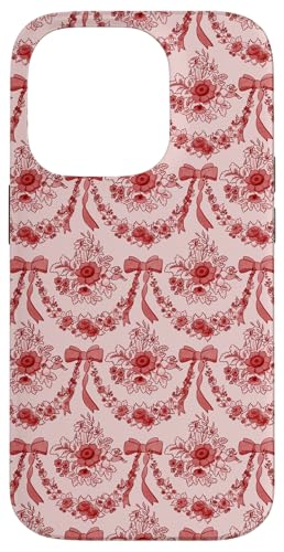 Hülle für iPhone 14 Pro Kokette rote Blumen und Schleifen, ästhetisches Blumenmuster von Coquette Aesthetic Patterns