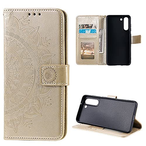 CoverKingz Handy Case kompatibel mit Samsung Galaxy S21 FE - Handy Cover mit Kartenfach Phonecase - Smartphone Hülle klappbar Motiv Mandala Gold von CoverKingz