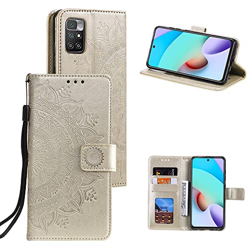 CoverKingz Handy Case kompatibel mit Xiaomi Redmi 10 / Redmi 10 Prime - Handy Cover mit Kartenfach Phonecase - Smartphone Hülle klappbar Motiv Mandala Gold von CoverKingz