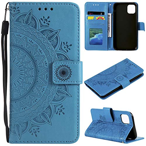 CoverKingz Handy Cover kompatibel mit iPhone 13 Pro - Handyschutz mit Kartenfach Klapphülle - Bookcase Hülle aufklappbar Motiv Mandala Blau von CoverKingz