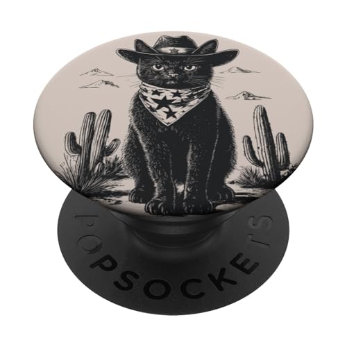 Schwarze Katze in Cowboystiefeln PopSockets Klebender PopGrip von Cowboy Themed Black Cat Designs and Outfits