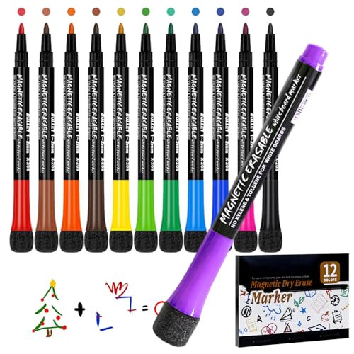 Cozevdnt Whiteboard Marker mit Schwamm Magnete, 12 Farbe Magnetisch Whiteboard Schwamm Stifte, 2 in 1 Kreidemarker, Erase Marker mit Radiergummi, Perfekt für Zuhause Schule Büro12er Pack von Cozevdnt