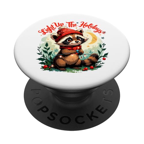 Festlicher Waschbär mit Weihnachtsbeleuchtung - skurrile Winterkunst PopSockets Klebender PopGrip von Cozy Woodland Creations