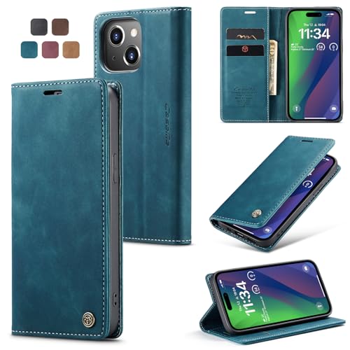 Cracedily Handyhülle für iPhone 15 Hülle, Klapphülle Premium Lederhülle Klappbar Flip Case Tasche Magnet Kartenfach Standfunktion Klapphülle Schutzhülle für iPhone 15, Blaugrün von Cracedily