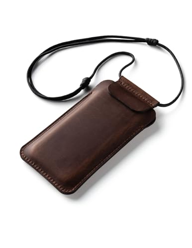 Crazy Horse Craft, Handyhülle für iPhone 16 Pro Max/16 Plus, Wood Brown, Handytasche zum Umhängen, Leder Hülle, Handy Tasche, Handysocken Etui Lanyard Phone Case Leather Sleeve Cover, Enlarged von Crazy Horse Craft