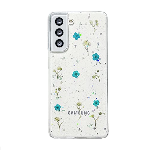 CrazyLemon für Samsung Galaxy A20 / A30 Hülle Silikon Durchsichtig, Aesthetic Cute Blau Echte Blumen Design Weich Dünn Handyhülle Anti Gelb Slim Clear Flowers Case für Frauen von CrazyLemon