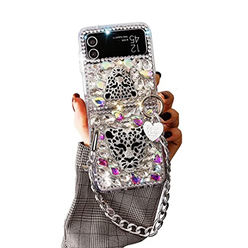 CrazyLemon für Samsung Galaxy Z Flip 3 5G Hülle, Silikon Glitzer Luxus Modisch Cool Schwarz Silber Panther Funkeln Glänzendes Strass-Design mit Kette/Riemen Schutzhülle für Frauen von CrazyLemon