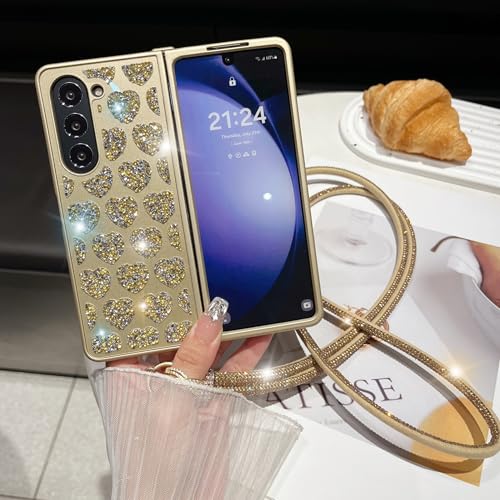 CrazyLemon für Samsung Galaxy Z Fold 5 5G Hülle Glänzend, Liebe Glitzer Kristall Funkelnd Schutzhülle Frauen Mädchen Handyhülle mit Kreuzkette - Gold von CrazyLemon