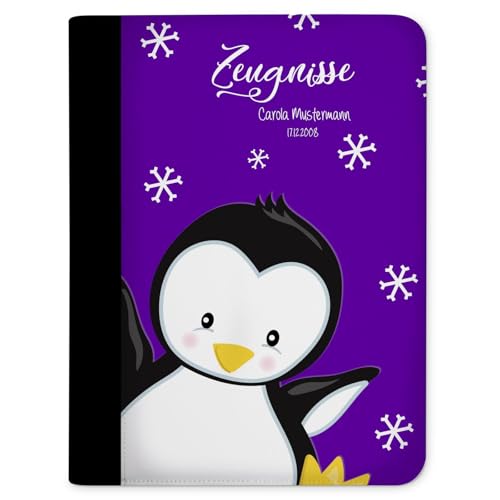 CreaDesign, Kinder Zeugnismappe mit Namen personalisiert, Zeugnis Mappe Pinguin Lila mit 10 Klarsichthüllen, A4, 26,7 x 32,7 x 1 cm, Rücken schwarz von CreaDesign