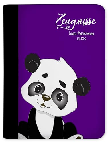 CreaDesign, Kinder Zeugnismappe personalisiert mit Namen, Zeugnis Mappe Panda Bär Lila, DIN A4, 26,7 x 32,7 x 1 cm, Rücken schwarz von CreaDesign