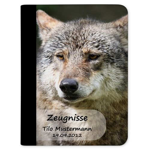 CreaDesign, Kinder Zeugnismappe personalisiert mit Namen, Zeugnis Mappe Wolf, DIN A4, 26,7 x 32,7 x 1 cm, Rücken schwarz von CreaDesign