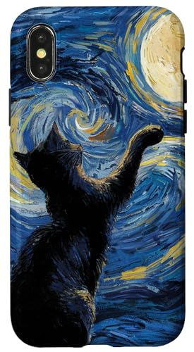 Hülle für iPhone X/XS Skurrile Impressionist Night Van Gogh inspirierte Kunst mit Katze von Creative Cases Crafts and Minds