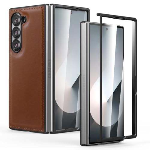 Cresee Hülle für Samsung Galaxy Z Fold 6 mit Integrierte Displayschutzfolie, PU Leder & Hartes Polycarbonat Handyhülle Case Schutzhülle Cover für Galaxy Z Fold6 (2024) Braun von Cresee