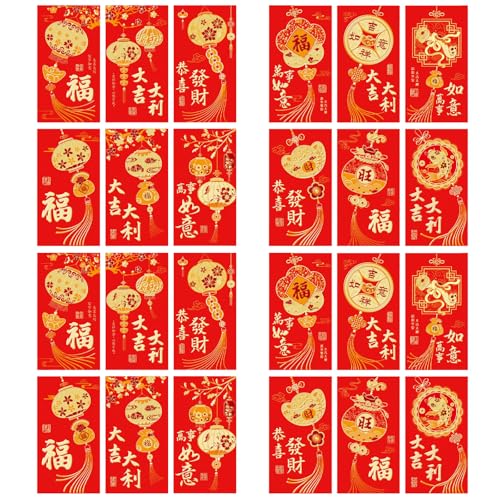 24 Stück Chinesisches Jahr HongBao Frühlingsfest Rote Geldtaschen Traditioneller Segen Goldgeprägte rote Geldumschläge Mondsilvester Glücksgeldtaschen für Weihnachten Geburtstag Hochzeitsgeschenk von Cretvestsar