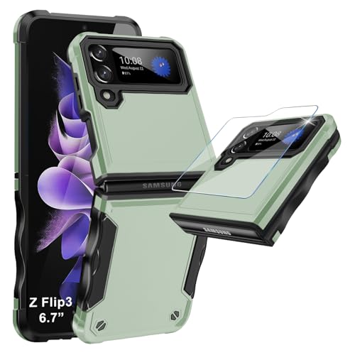 Handyhülle für Samsung Galaxy Z Flip 3 5G Hülle, rutschfeste Stilvolle Textur Galaxy Z Flip3 Handytasche Case, TPU Hard PC Militär Rugged Stoßfest Schutzhülle für Samsung Z Flip 3 Handy (Grün) von Croazhi