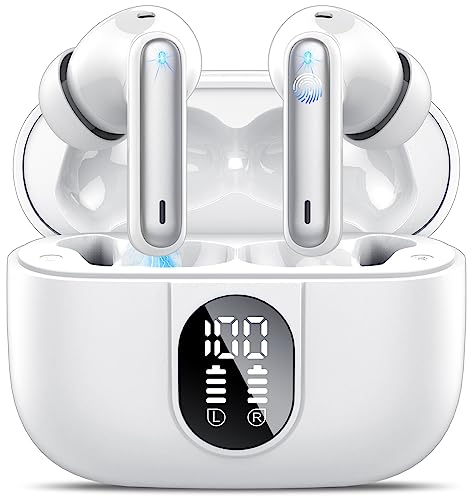 Csasan Bluetooth Kopfhörer, Kopfhörer Kabellos Bluetooth 5.3 Deep Bass mit 4 ENC Mic, 40Std Spielzeit Touch Control In Ear Kopfhörer mit LED-Anzeige, IP7 wasserdichte Ohrhörer für Arbeit Sport Weiß von Csasan