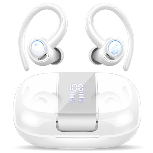 Csasan Bluetooth Kopfhörer Sport, Kopfhörer Kabellos Bluetooth 5.3 mit Ohrhaken, 48Std 3D Stereo In Ear Kopfhörer mit ENC Mic, LED-Anzeige, Touch Control, IP7 Wasserdicht Ohrhörer Helles Weiß(2024) von Csasan