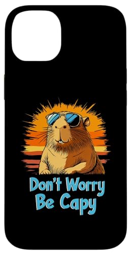 Hülle für iPhone 14 Plus Capybara Süßes Zootier „Don't Worry Be Capy“ im Retro-Stil bei Sonnenuntergang von Cuddly Capybara - Cute Zoo Animal Apparel