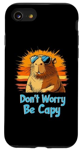 Hülle für iPhone SE (2020) / 7 / 8 Capybara Süßes Zootier „Don't Worry Be Capy“ im Retro-Stil bei Sonnenuntergang von Cuddly Capybara - Cute Zoo Animal Apparel