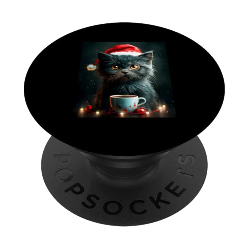 Coole Katze Weihnachten mit Mütze vor Kaffeetasse PopSockets Klebender PopGrip von Curlyfox Design