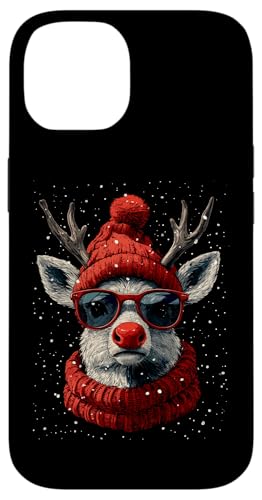 Hülle für iPhone 14 Cooles Rentier Weihnachten mit Mütze und Sonnenbrille 02 von Curlyfox Design