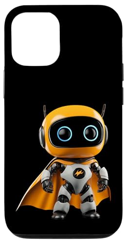 Hülle für iPhone 15 Pro Kleiner niedlicher Roboter als Superheld weiss mit Umhang von Curlyfox Design