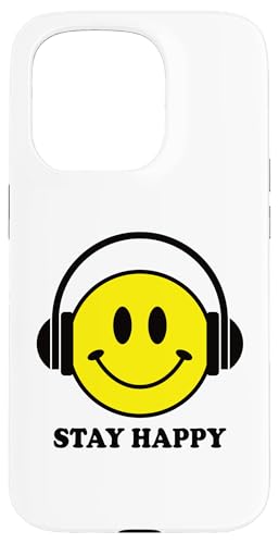 Stay Happy: Musik-inspirierte Happy Face Kopfhörer Pocket Logo Hülle für iPhone 15 Pro von Cute 80s Smile Happy Tee