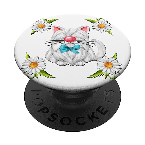 Daisy Flower Floral Kitten Graphic For Women Cute White Cat PopSockets Klebender PopGrip von Cute Cat Gifts For Cat Lover Women Kids And Men