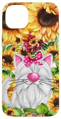 Hülle für iPhone 14 Plus White Cat Watercolor Graphic For Cat Mom Sunflower Floral von Cute Cat Gifts For Cat Lover Women Kids And Men