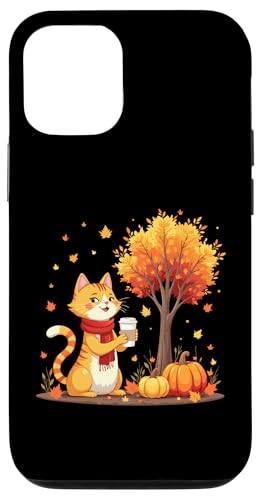 Hülle für iPhone 12/12 Pro Süße Katze hält Eiskaffee unter Herbstbaum Herbstkatzenblatt von Cute Cat Holding Iced Coffee Under Fall Tree tees