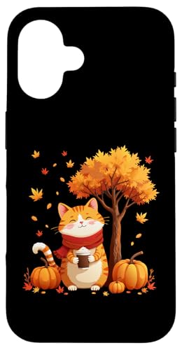 Hülle für iPhone 16 Süße Katze mit Eiskaffee unter Herbstbaum Herbstlaub Herbst von Cute Cat Holding Iced Coffee Under Fall Tree tees