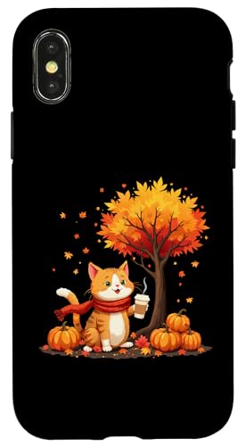 Hülle für iPhone X/XS Süße Katze mit Eiskaffee unter Herbstbaum Hello Autumn Cat von Cute Cat Holding Iced Coffee Under Fall Tree tees