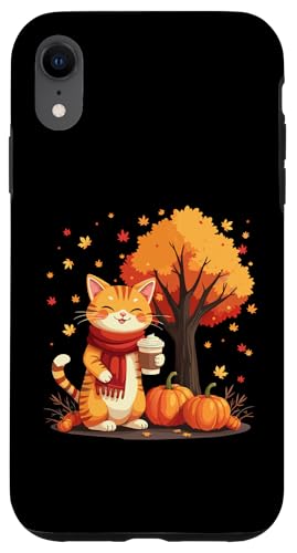 Hülle für iPhone XR Süße Katze hält Eiskaffee unter Herbstbaum Herbstkatzenblatt von Cute Cat Holding Iced Coffee Under Fall Tree tees