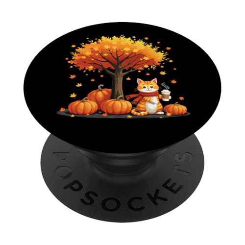 Kätzchen Katze mit Eiskaffee unter Herbst Baum Katze Hello Autumn PopSockets Klebender PopGrip von Cute Cat Holding Iced Coffee Under Fall Tree tees