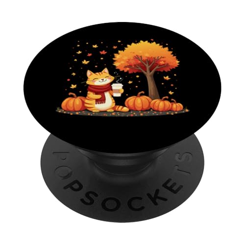 Kätzchen Katze mit Eiskaffee unter Herbst Baum Katze Hello Autumn PopSockets Klebender PopGrip von Cute Cat Holding Iced Coffee Under Fall Tree tees